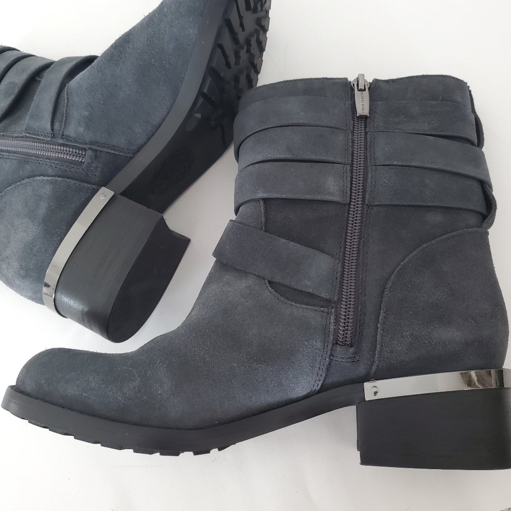VINCE CAMUTO 7.5 WEBEY Dk Gray Suede Moto Boots Silver Buckle Strap Grunge Goth - Picture 6 of 16